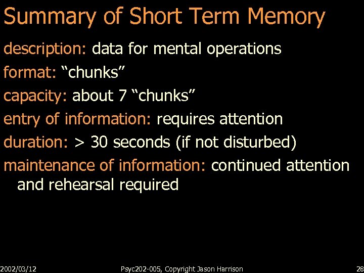 Summary of Short Term Memory description: data for mental operations format: “chunks” capacity: about
