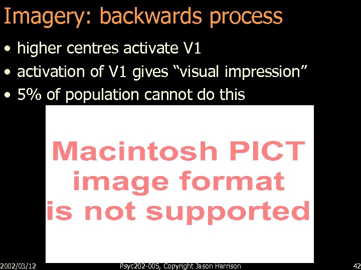 Imagery: backwards process • higher centres activate V 1 • activation of V 1