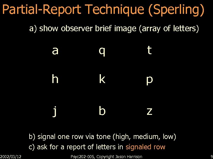 Partial-Report Technique (Sperling) 2002/03/12 a) show observer brief image (array of letters) a q