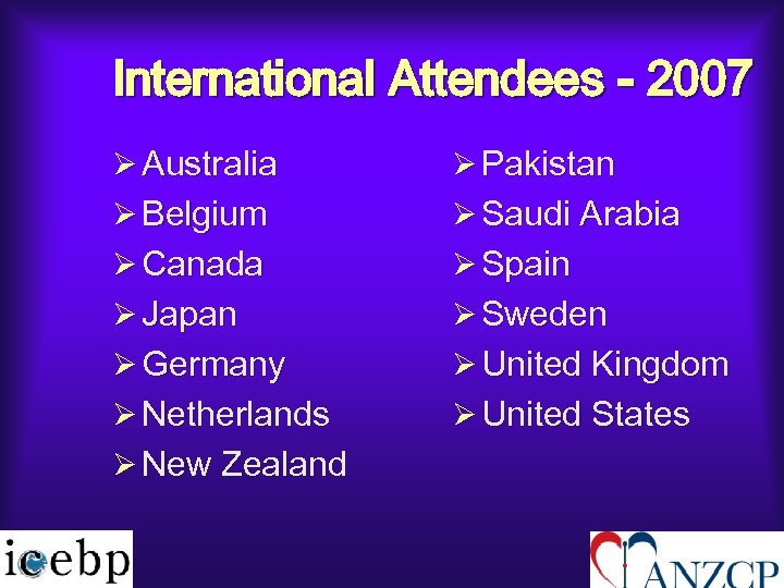 International Attendees - 2007 Ø Australia Ø Pakistan Ø Belgium Ø Saudi Arabia Ø
