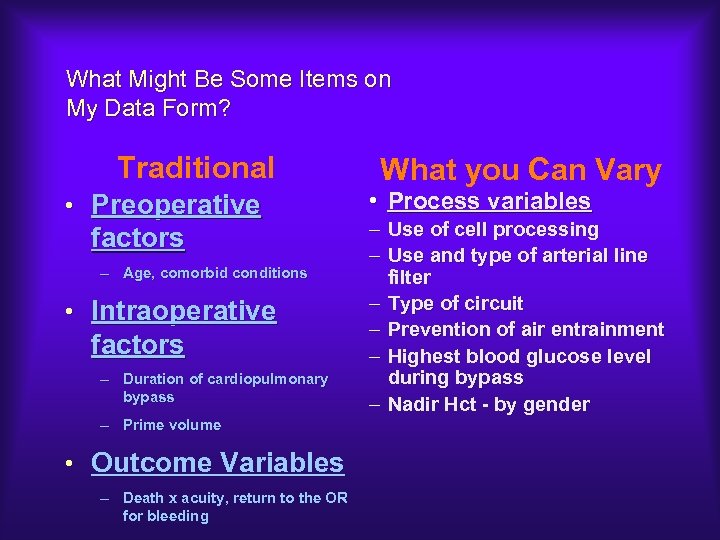 What Might Be Some Items on My Data Form? Traditional • Preoperative factors –