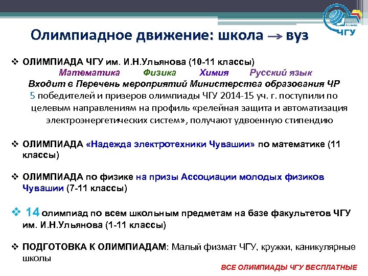 Олимпиадное движение: школа вуз v ОЛИМПИАДА ЧГУ им. И. Н. Ульянова (10 -11 классы)