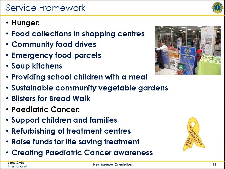 Service Framework • • • • Hunger: Food collections in shopping centres Community food