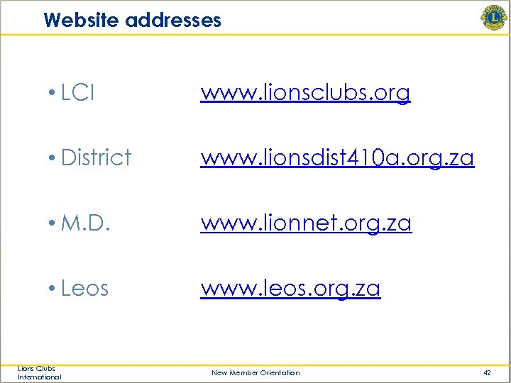 Website addresses • LCI www. lionsclubs. org • District www. lionsdist 410 a. org.