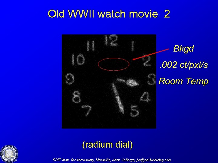 Old WWII watch movie 2 Bkgd. 002 ct/pxl/s Room Temp (radium dial) SPIE Instr.
