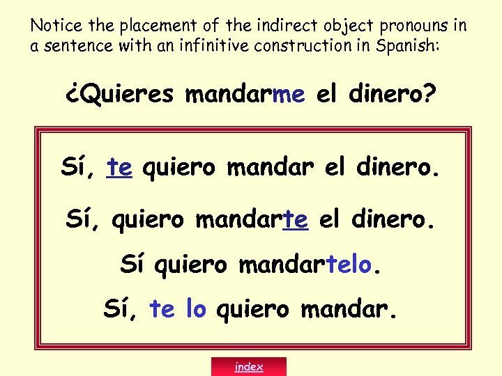 Notice the placement of the indirect object pronouns in a sentence with an infinitive