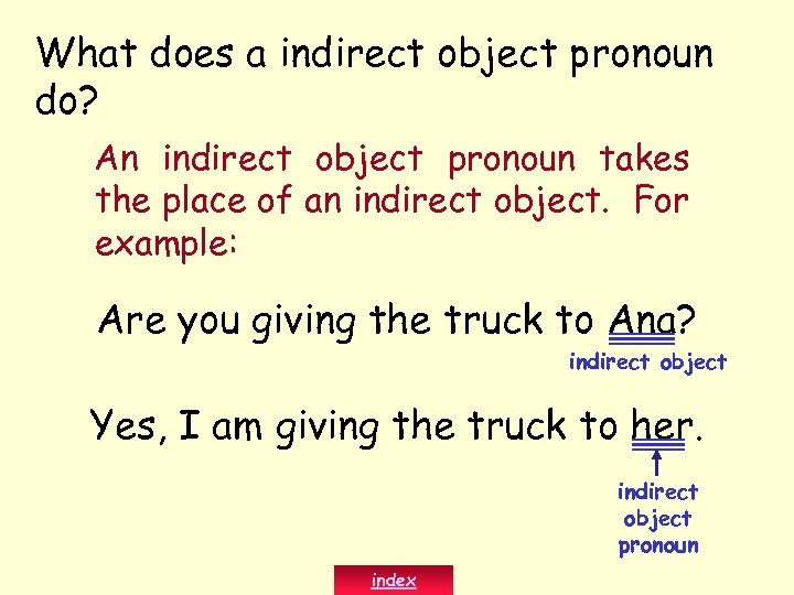 What does a indirect object pronoun do? An indirect object pronoun takes the place