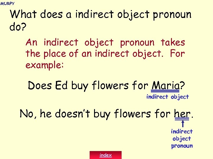 MURPY What does a indirect object pronoun do? An indirect object pronoun takes the