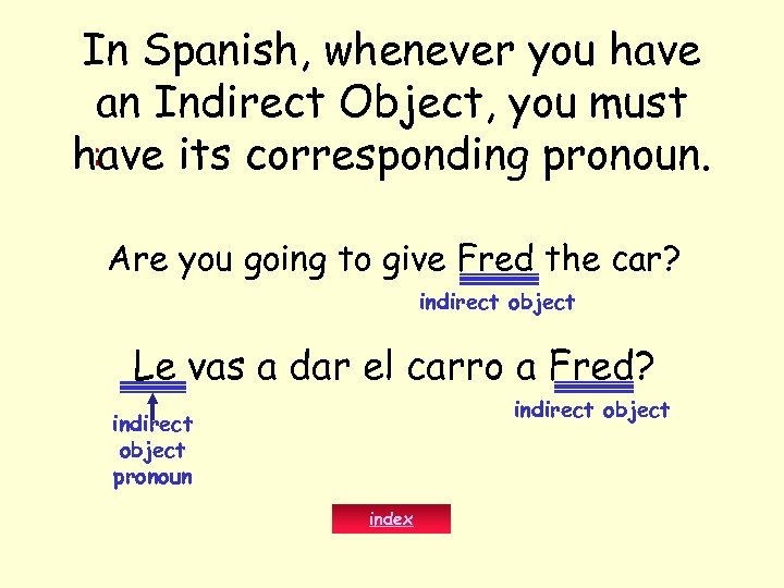 In Spanish, whenever you have an Indirect Object, you must : have its corresponding