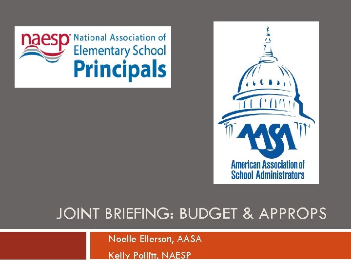 JOINT BRIEFING: BUDGET & APPROPS Noelle Ellerson, AASA Kelly Pollitt, NAESP 