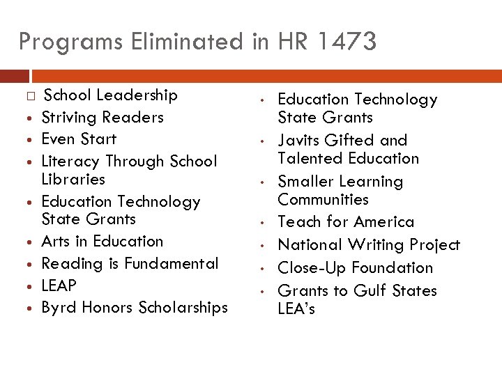 Programs Eliminated in HR 1473 School Leadership Striving Readers Even Start Literacy Through School