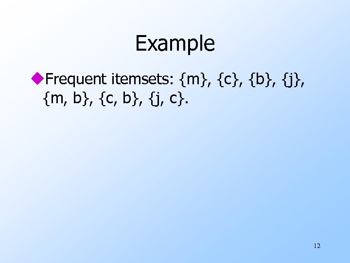 Example u. Frequent itemsets: {m}, {c}, {b}, {j}, {m, b}, {c, b}, {j, c}.