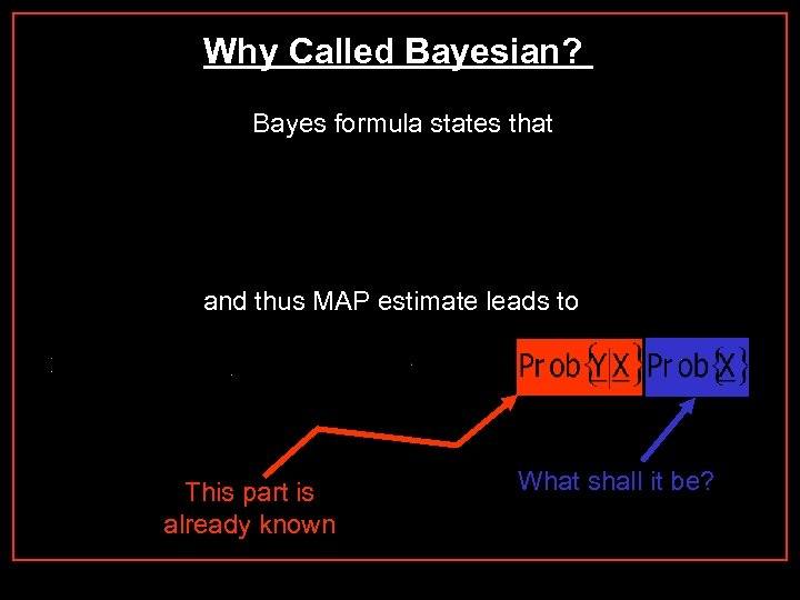 Why Called Bayesian? Bayes formula states that and thus MAP estimate leads to This