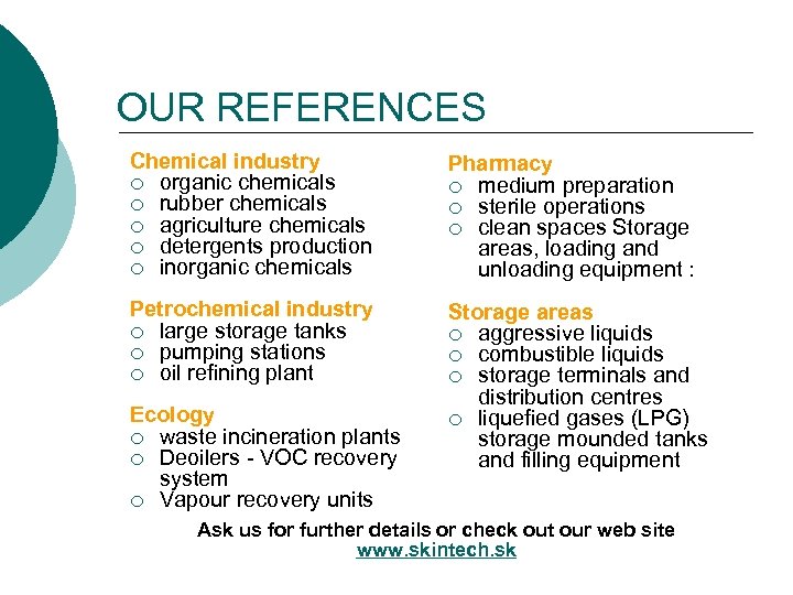 OUR REFERENCES Chemical industry ¡ organic chemicals ¡ rubber chemicals ¡ agriculture chemicals ¡