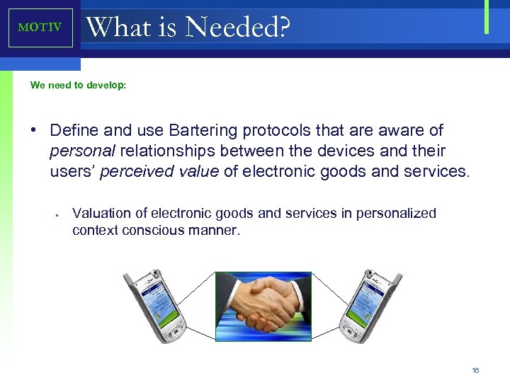 MOTIV What is Needed? We need to develop: • Define and use Bartering protocols