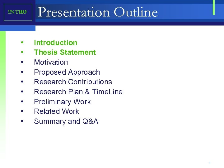 INTRO • • • Presentation Outline Introduction Thesis Statement Motivation Proposed Approach Research Contributions