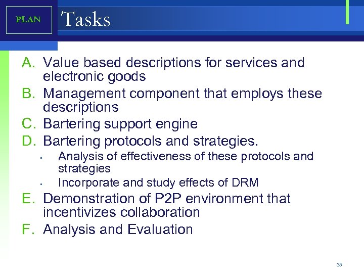 PLAN Tasks A. Value based descriptions for services and electronic goods B. Management component