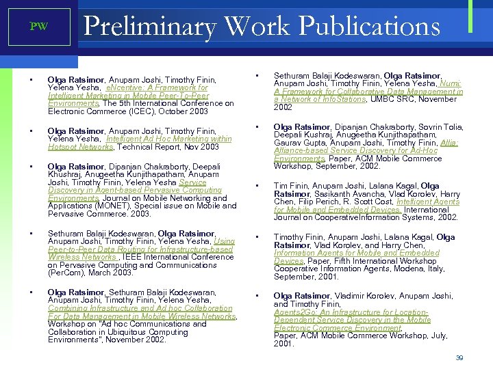 PW Preliminary Work Publications • Olga Ratsimor, Anupam Joshi, Timothy Finin, Yelena Yesha, e.