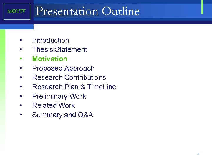 MOTIV • • • Presentation Outline Introduction Thesis Statement Motivation Proposed Approach Research Contributions