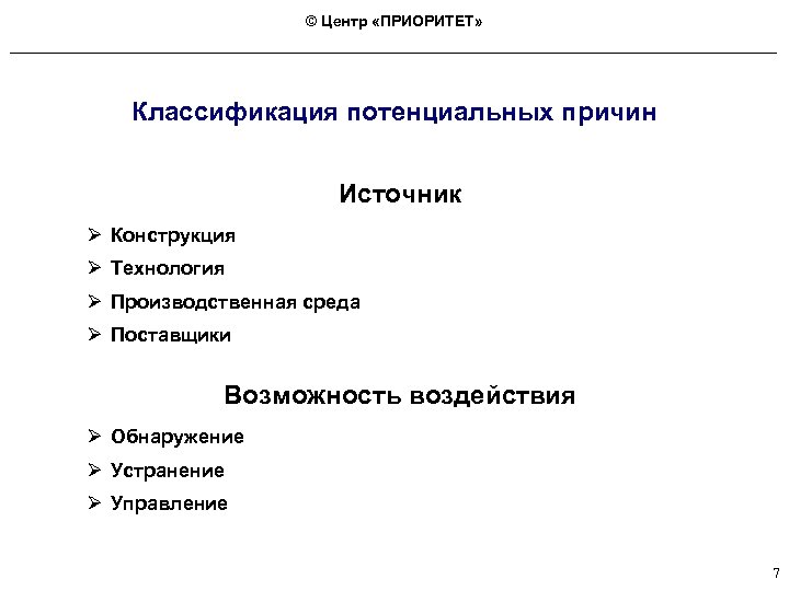 © Центр «ПРИОРИТЕТ» Классификация потенциальных причин Источник Ø Конструкция Ø Технология Ø Производственная среда
