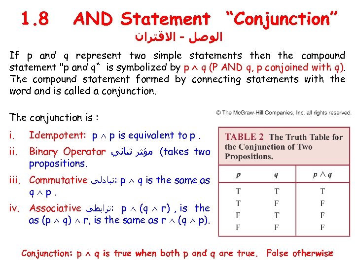 1. 8 AND Statement “Conjunction” ﺍﻟﻮﺻﻞ - ﺍﻻﻗﺘﺮﺍﻥ If p and q represent two