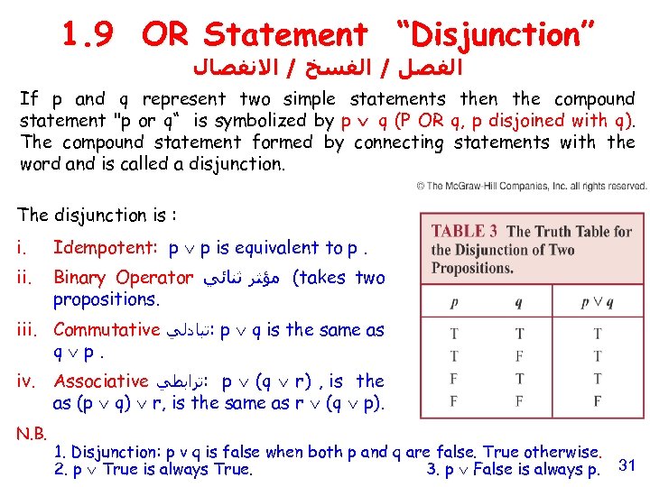 1. 9 OR Statement “Disjunction” ﺍﻟﻔﺼﻞ / ﺍﻟﻔﺴﺦ / ﺍﻻﻧﻔﺼﺎﻝ If p and q