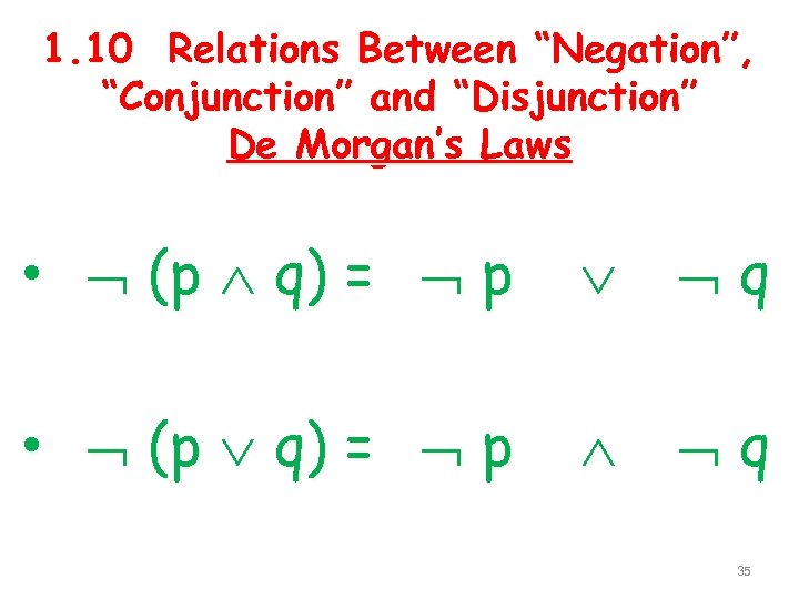 1. 10 Relations Between “Negation”, “Conjunction” and “Disjunction” De Morgan’s Laws • (p q)
