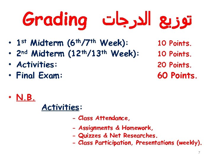 Grading ﺗﻮﺯﻳﻊ ﺍﻟﺪﺭﺠﺎﺕ • • 1 st Midterm (6 th/7 th Week): 2 nd