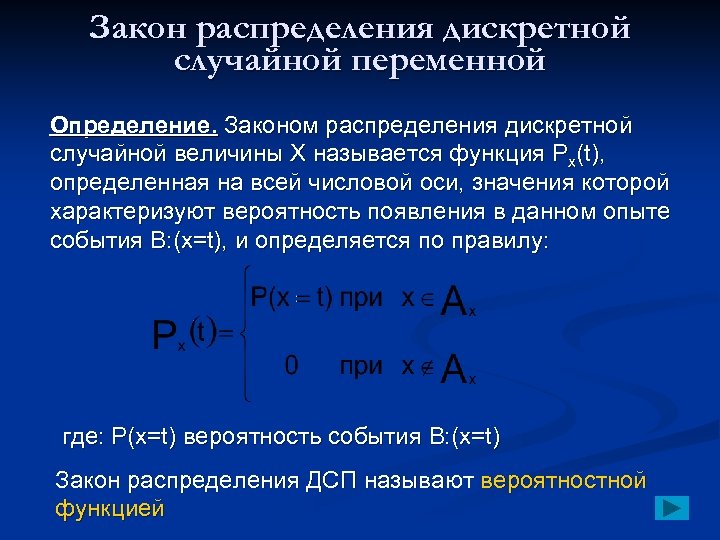 Закон распределения дискретной случайной переменной Определение. Законом распределения дискретной случайной величины Х называется функция