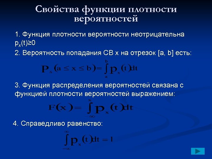 Свойства функции плотности вероятностей 1. Функция плотности вероятности неотрицательна px(t)≥ 0 2. Вероятность попадания