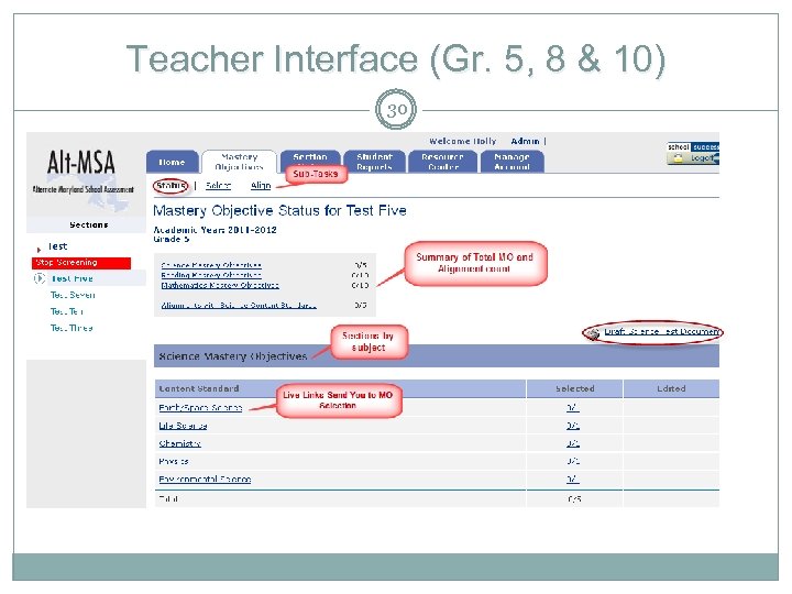 Teacher Interface (Gr. 5, 8 & 10) 30 