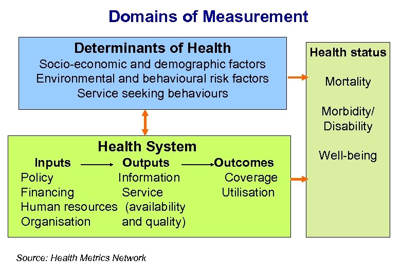 Domains of Measurement Determinants of Health Socio-economic and demographic factors Environmental and behavioural risk