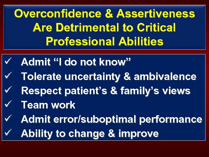 Overconfidence & Assertiveness Are Detrimental to Critical Professional Abilities ü ü ü Admit “I