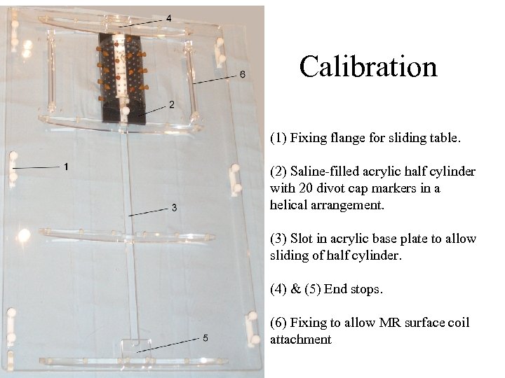 Calibration (1) Fixing flange for sliding table. (2) Saline-filled acrylic half cylinder with 20