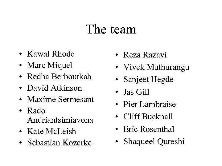 The team • • • Kawal Rhode Marc Miquel Redha Berboutkah David Atkinson Maxime