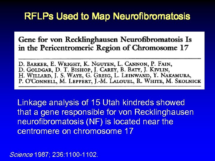  RFLPs Used to Map Neurofibromatosis Linkage analysis of 15 Utah kindreds showed that
