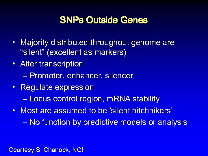 SNPs Outside Genes • Majority distributed throughout genome are “silent” (excellent as markers) •