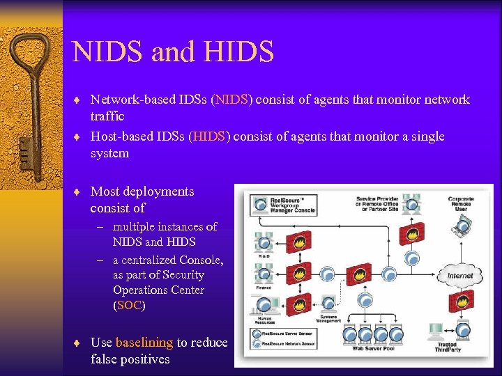 NIDS and HIDS ¨ Network-based IDSs (NIDS) consist of agents that monitor network traffic