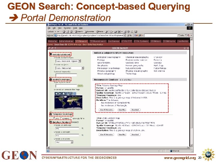 GEON Search: Concept-based Querying Portal Demonstration CYBERINFRASTRUCTURE FOR THE GEOSCIENCES www. geongrid. org 20