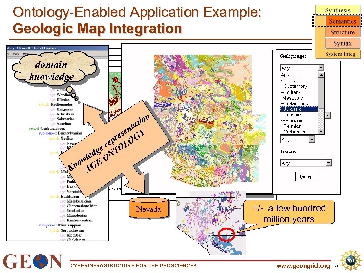 Ontology-Enabled Application Example: Geologic Map Integration domain knowledge n Show io tat n ese