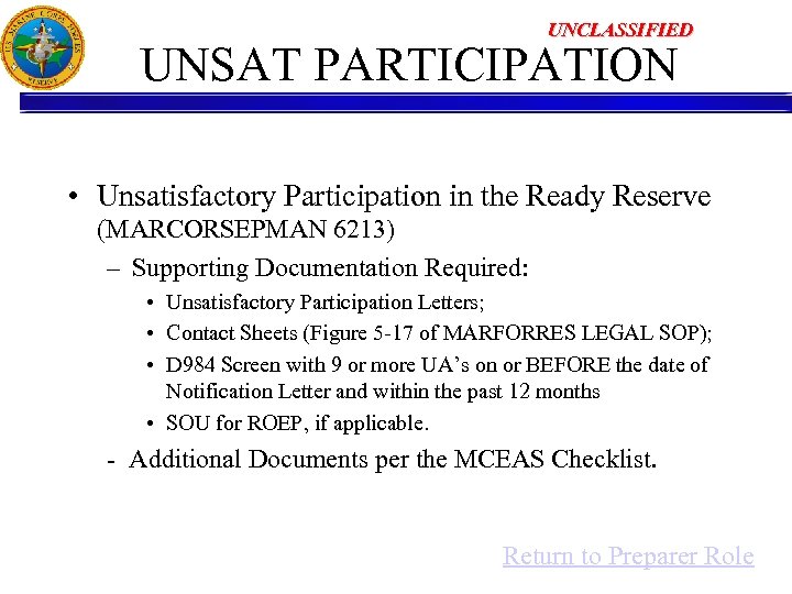 UNCLASSIFIED UNSAT PARTICIPATION • Unsatisfactory Participation in the Ready Reserve (MARCORSEPMAN 6213) – Supporting