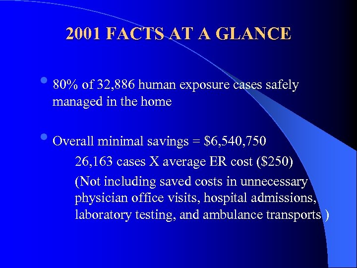 2001 FACTS AT A GLANCE • 80% of 32, 886 human exposure cases safely