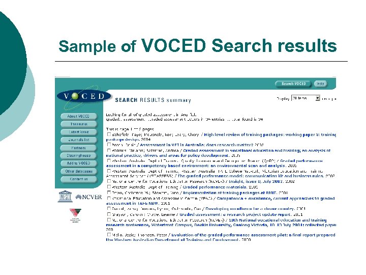 Sample of VOCED Search results 