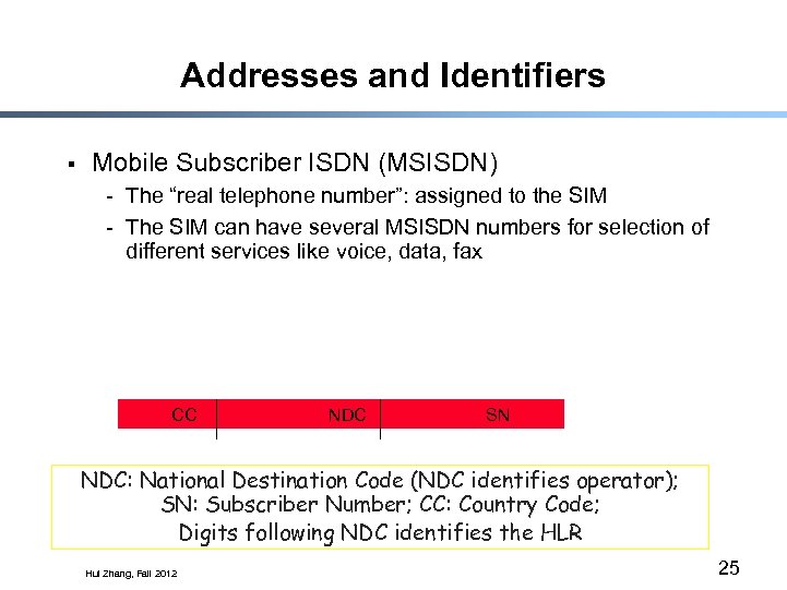 Addresses and Identifiers § Mobile Subscriber ISDN (MSISDN) - The “real telephone number”: assigned