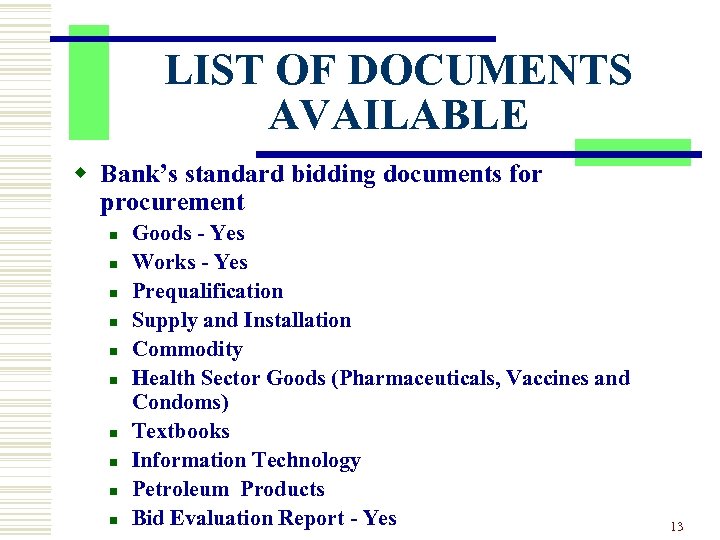 LIST OF DOCUMENTS AVAILABLE w Bank’s standard bidding documents for procurement n n n