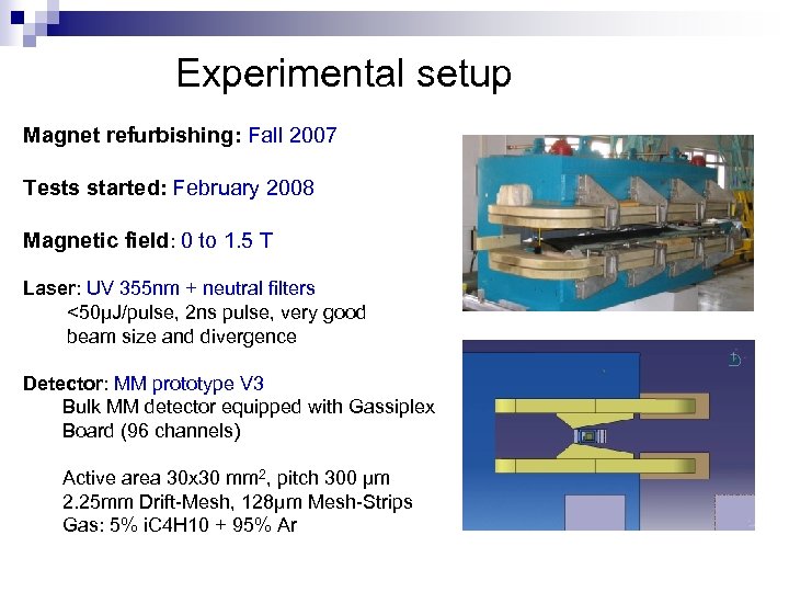Experimental setup Magnet refurbishing: Fall 2007 Tests started: February 2008 Magnetic field: 0 to