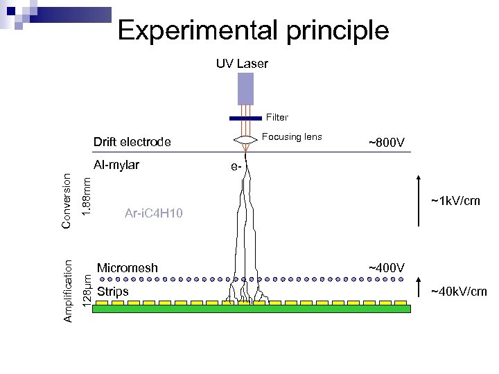 Experimental principle UV Laser Filter Focusing lens Drift electrode 1. 88 mm 128μm Amplification