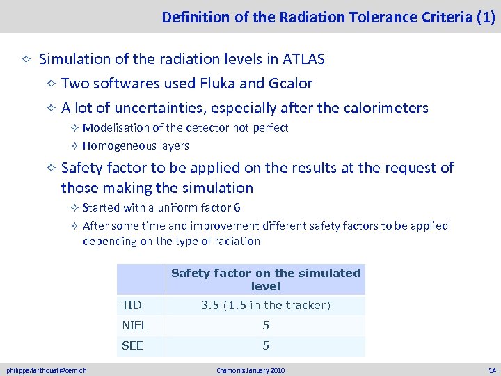 Definition of the Radiation Tolerance Criteria (1) ² Simulation of the radiation levels in