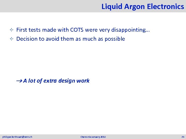 Liquid Argon Electronics First tests made with COTS were very disappointing… ² Decision to