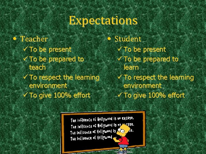 Expectations • Teacher ü To be present ü To be prepared to teach ü